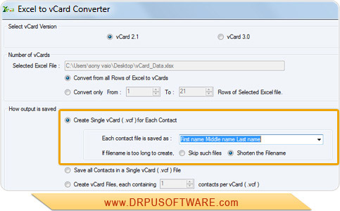 Screenshots of DRPU Excel to vCard Converter to convert excel contacts ...